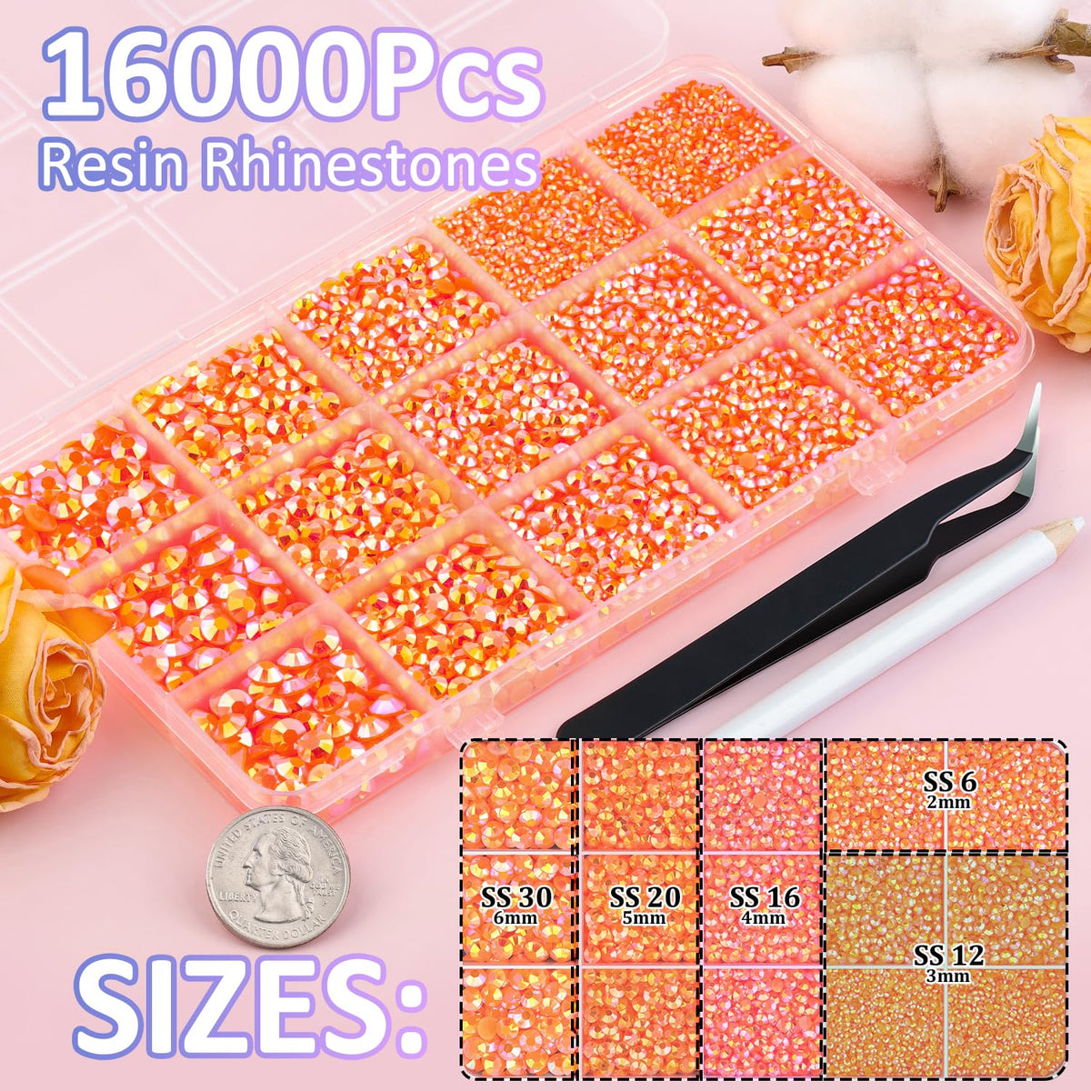 TINKRSTUFF resin rhinestones in a box with 15 grids