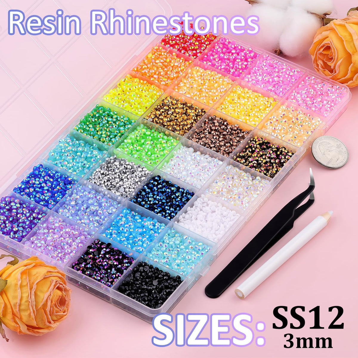 TINKRSTUFF rhinestones box with 28 grids and variety of colours