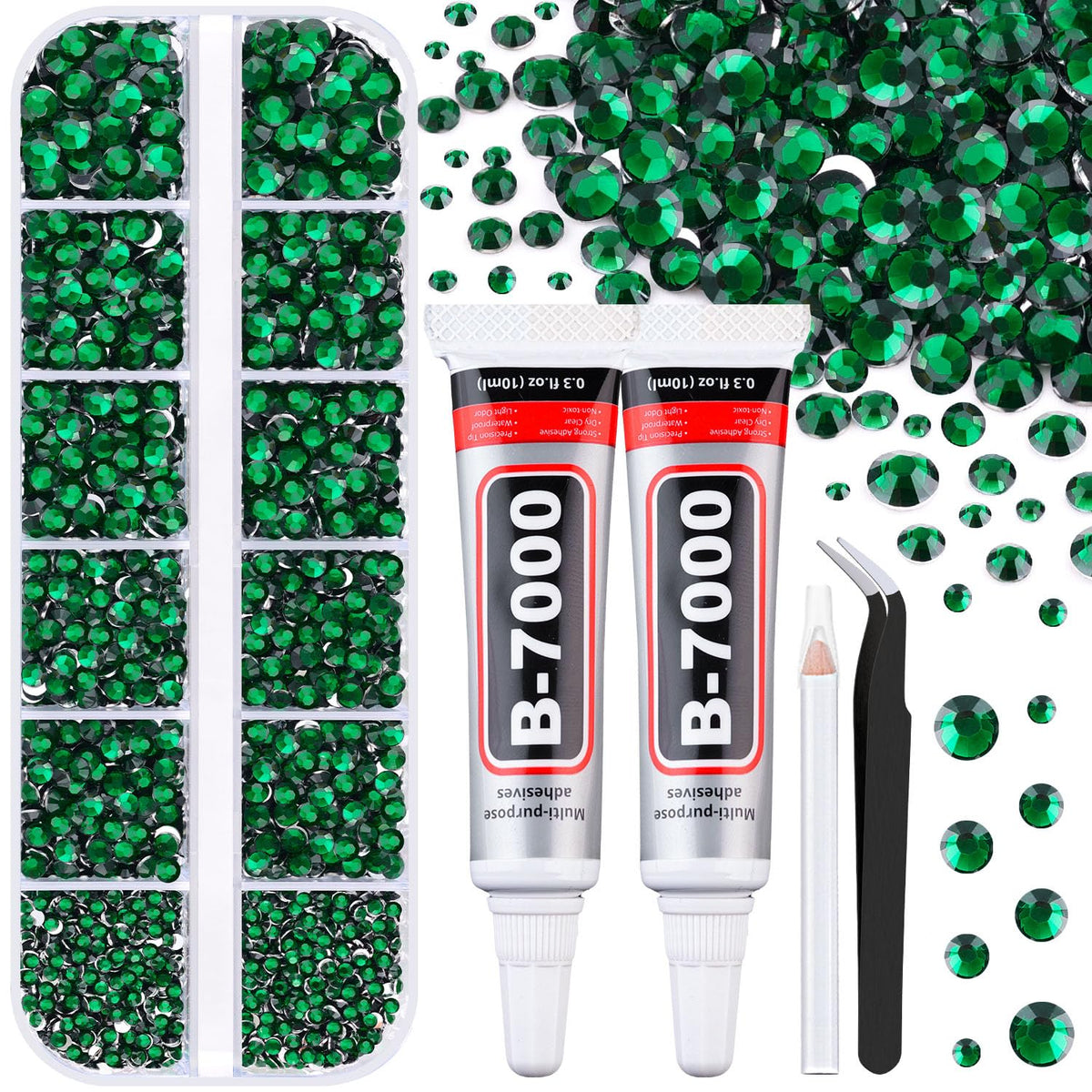 TINKRSTUFF Rhinestones Craft Kit box with various sizes of emerald green rhinestones