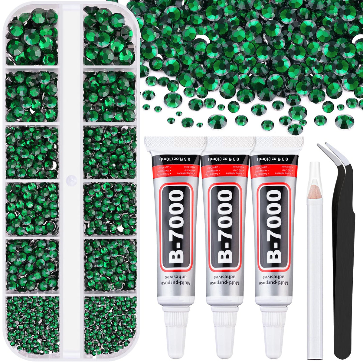 TINKRSTUFF Rhinestones Craft Kit front view with dark green flatback crystals
