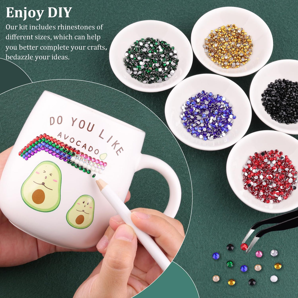 TINKRSTUFF rhinestones displayed with tweezers and pickup pen