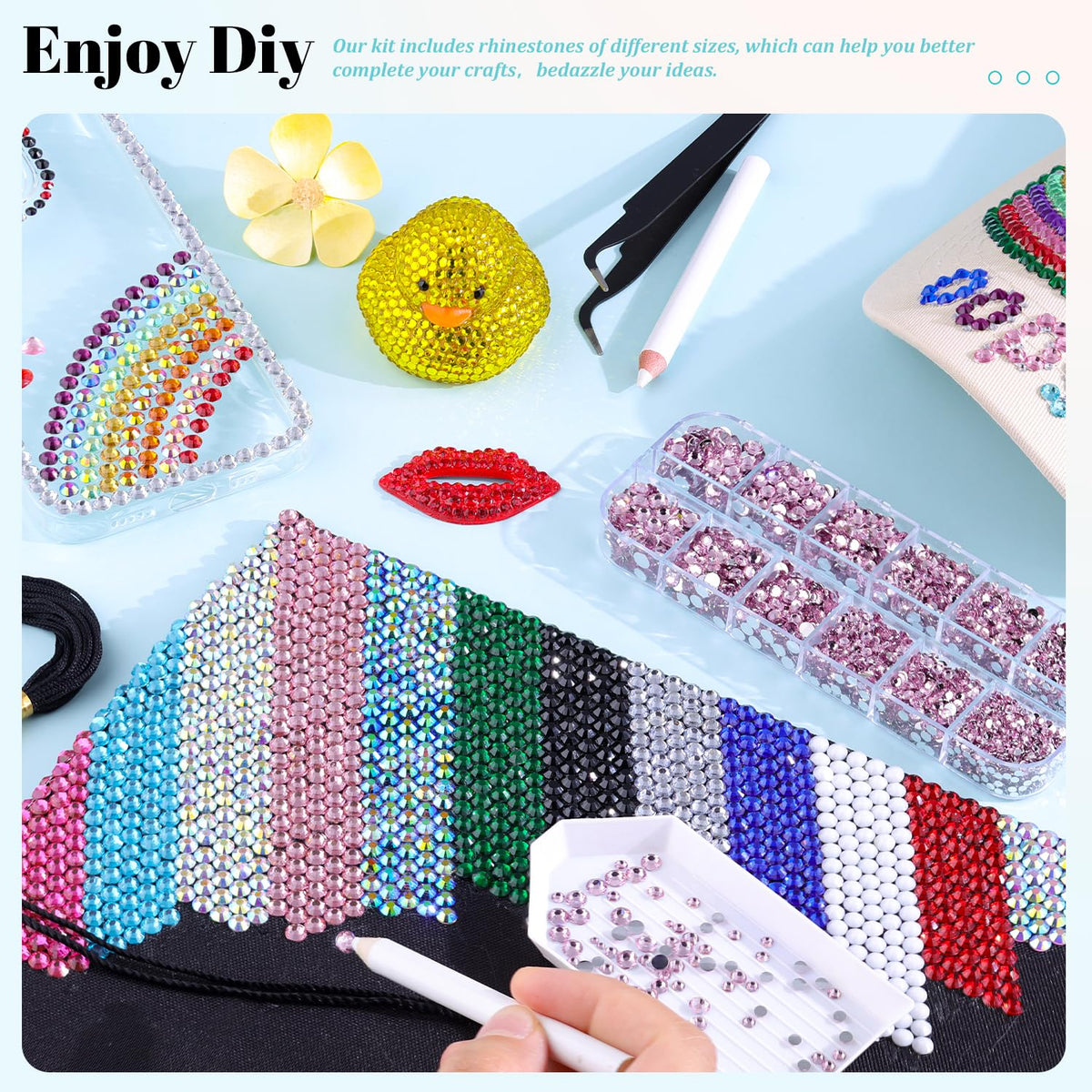 TINKRSTUFF rhinestones kit showing various sizes of light pink gems