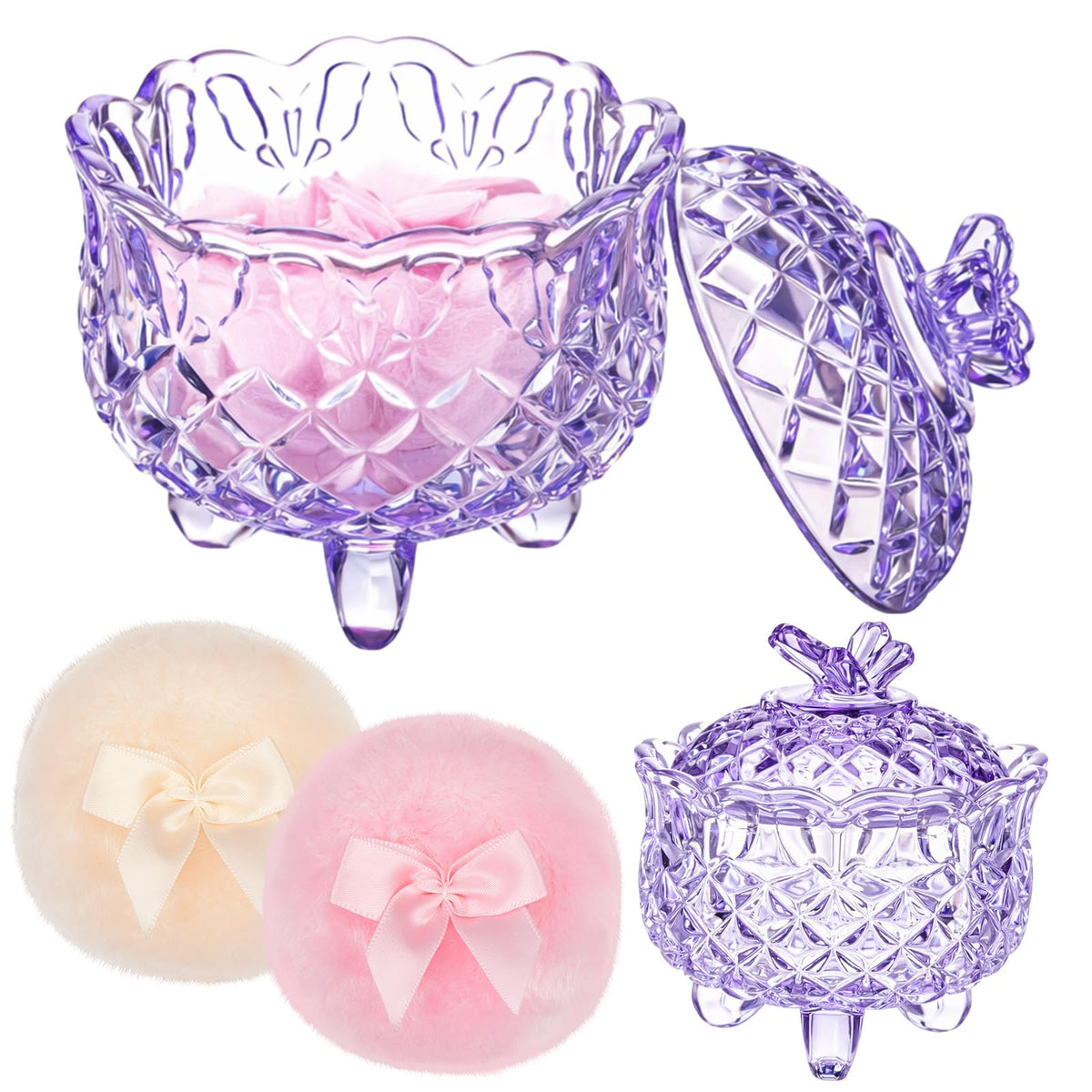 Tioncy 3 Pcs Powder Puff Set with crystal container front view