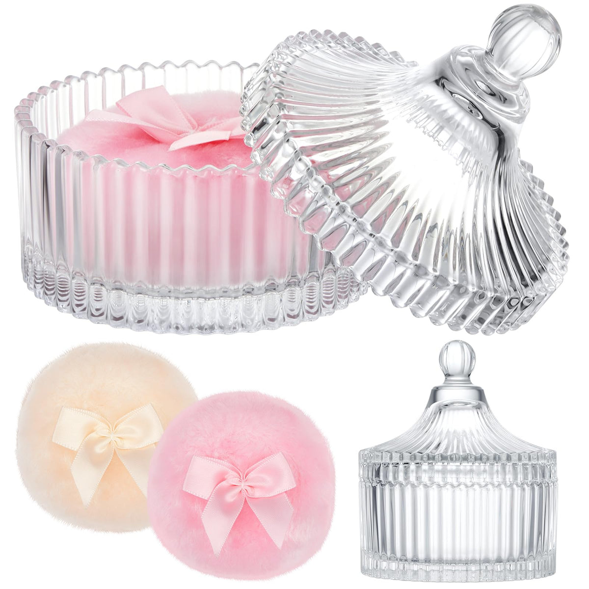 Tioncy Body Powder Puff Set with glass container front view