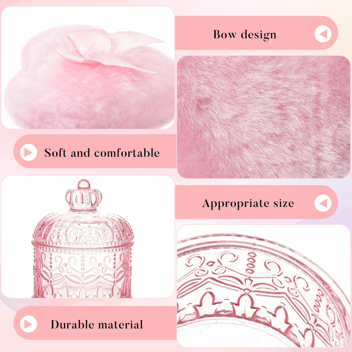 Tioncy pink glass container with powder puffs inside