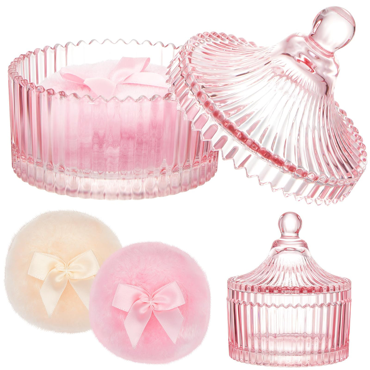 Tioncy Powder Puff Set with pink glass container and two puffs