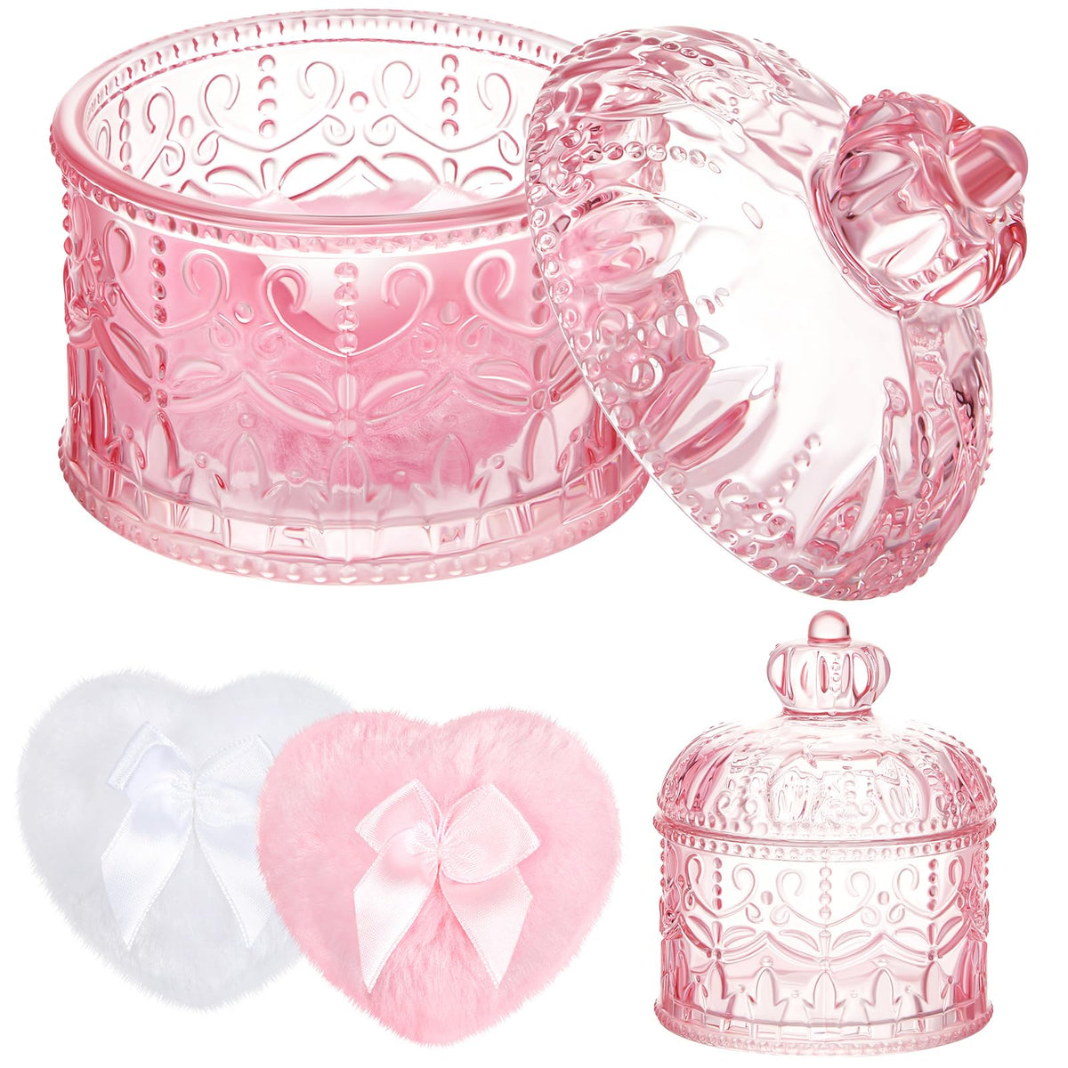 Tioncy Powder Puff Set with pink glass container front view