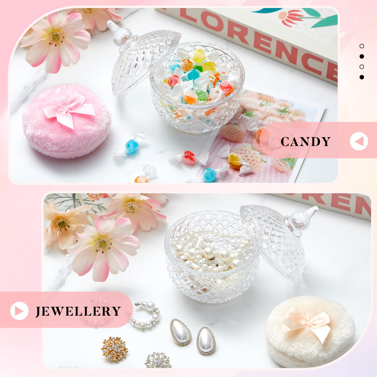 Tioncy powder puffs displayed with the crystal container