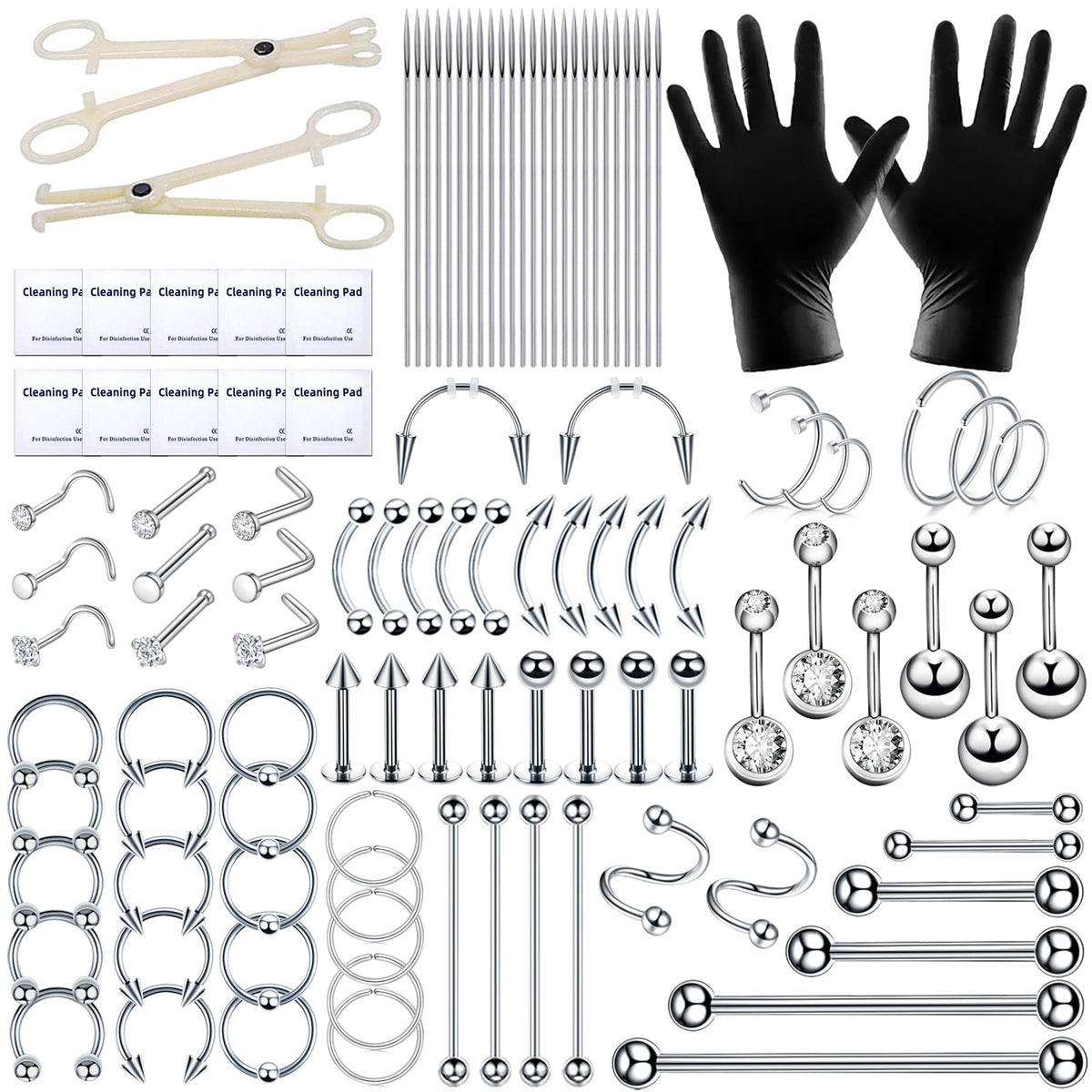 TKKUY 110Pcs Piercing Kit front view with tools and needles