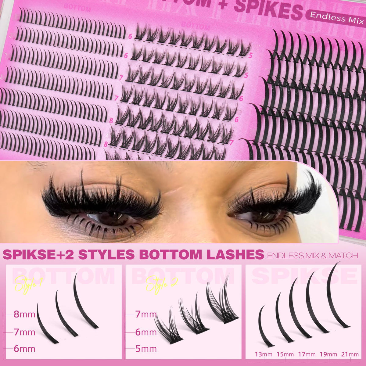 TNFVLONEINS Bottom Lash Clusters displayed with upper spikes lashes
