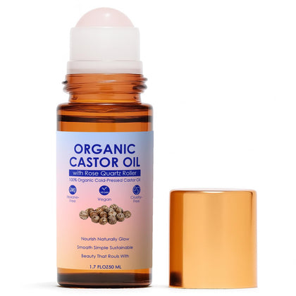TOGOLIUN Organic Castor Oil Roll On front view with rose quartz roller ball