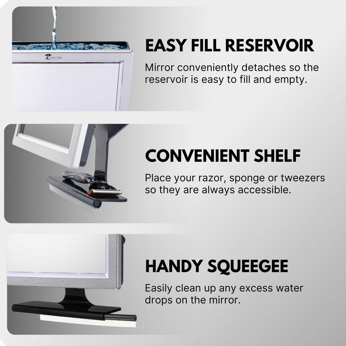 ToiletTree Products Deluxe LED Fogless Shower Mirror close-up of squeegee