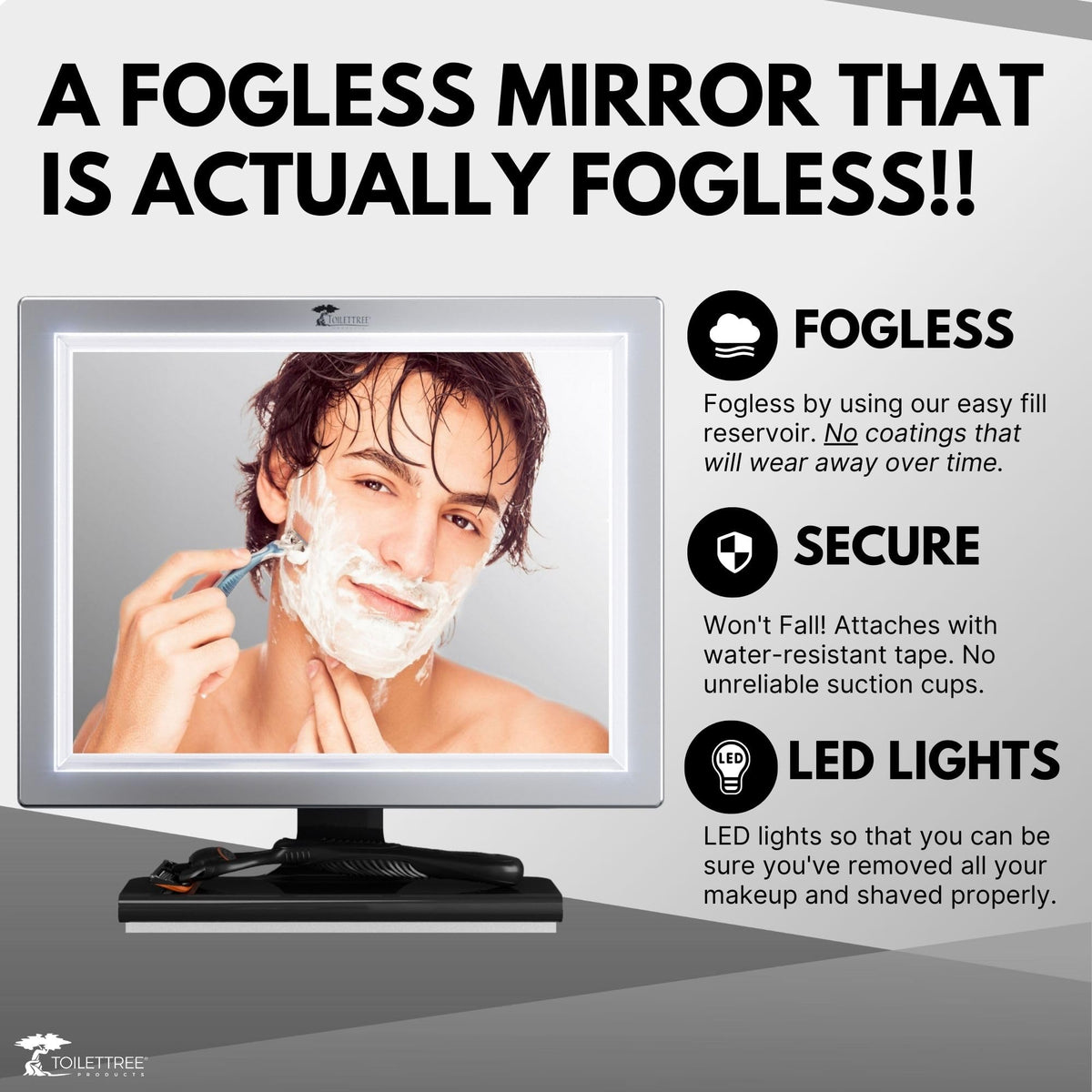 ToiletTree Products Deluxe LED Fogless Shower Mirror side view with squeegee