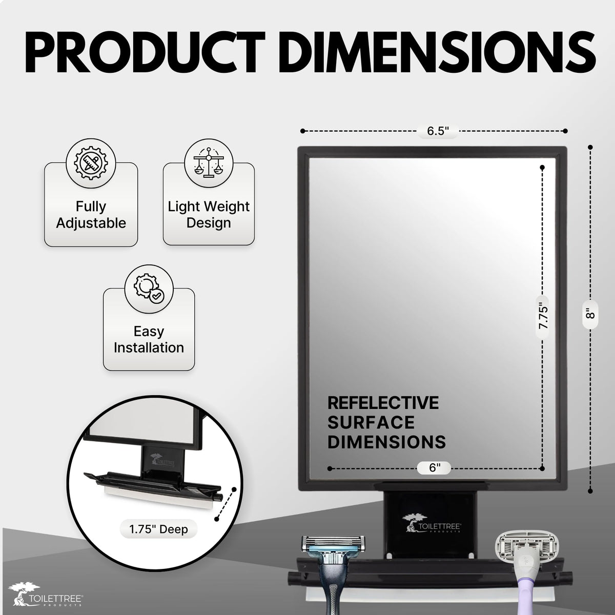 ToiletTree Products Fogless Shower Mirror with squeegee on a bathroom shelf