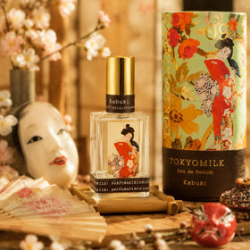 TOKYOMILK Kabuki Eau de Parfum bottle with decorative background