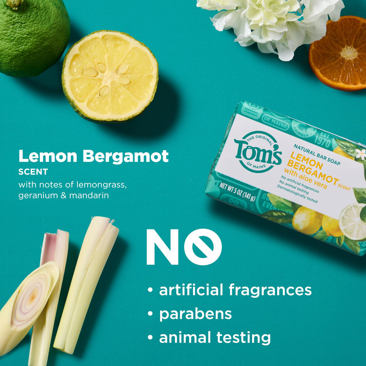 Tom's of Maine Lemon Bergamot Natural Bar Soap with fresh lemons