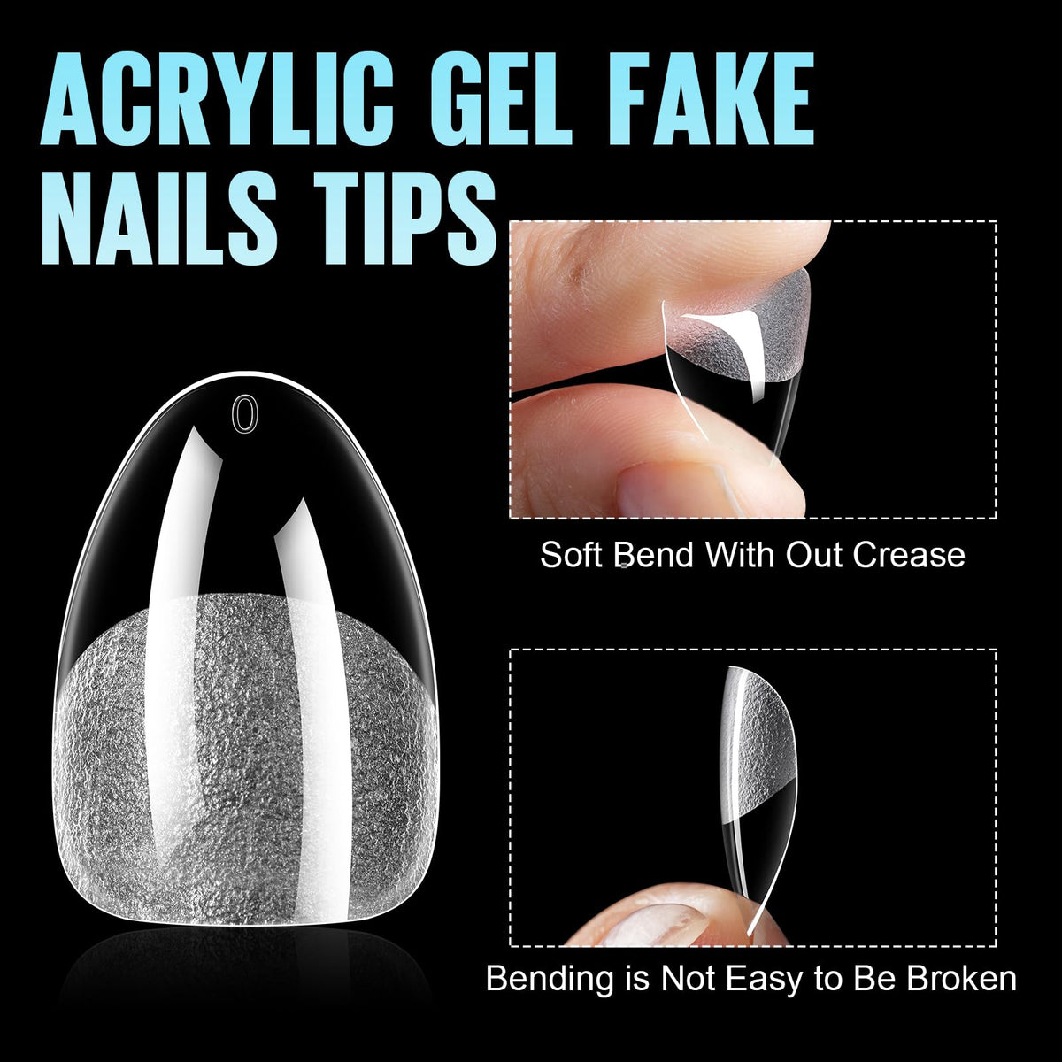 TOMICCA Extra Short Almond Nail Tips 12 sizes display