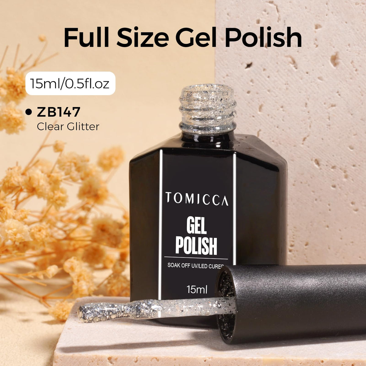 TOMICCA Glitter Gel Polish 15ml silver sparkle close-up of glitter