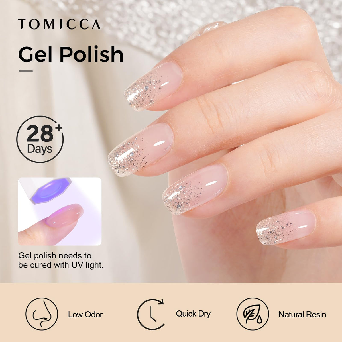 TOMICCA Glitter Gel Polish 15ml silver sparkle with nail art tools