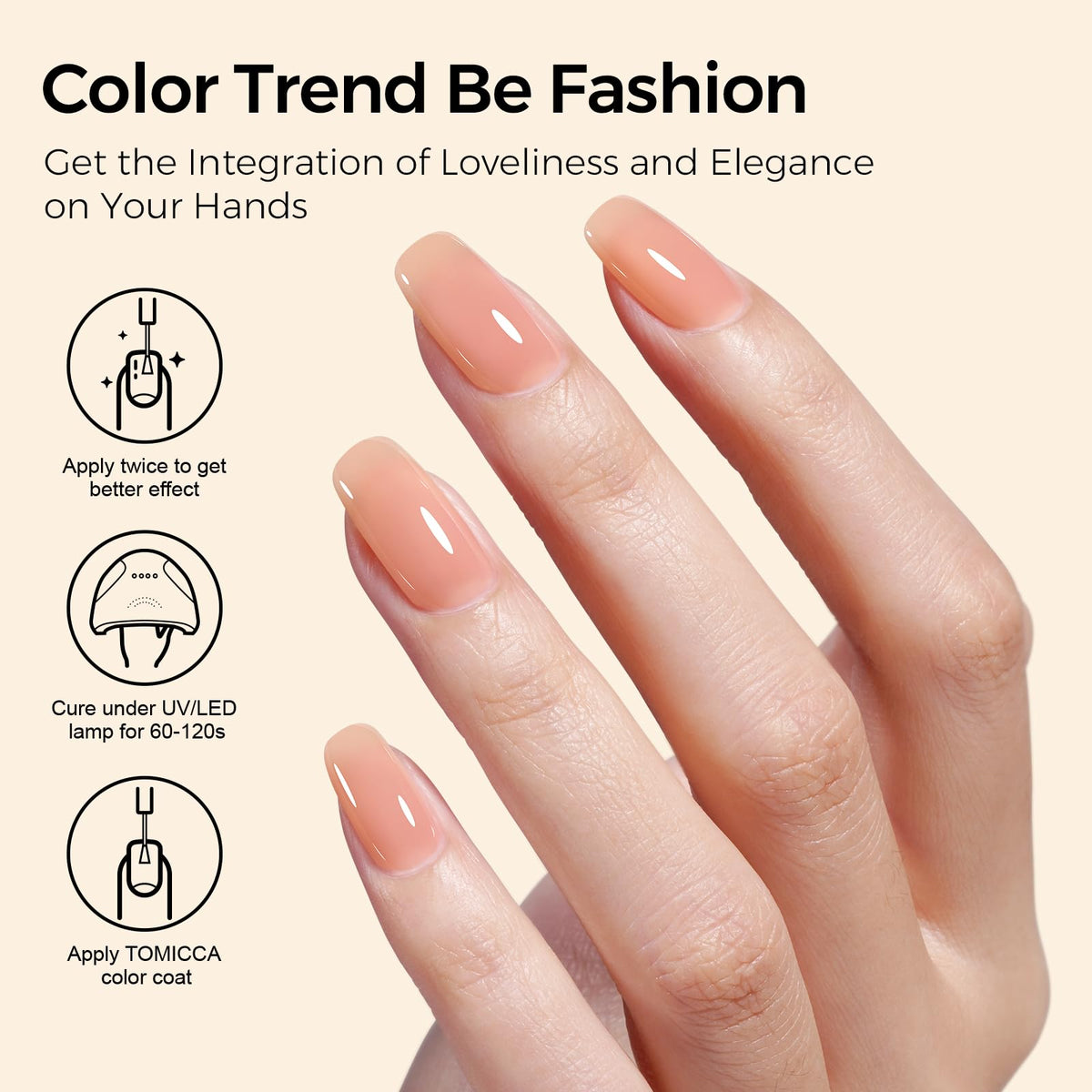 TOMICCA Nude Gel Nail Polish 15ml applied on nails