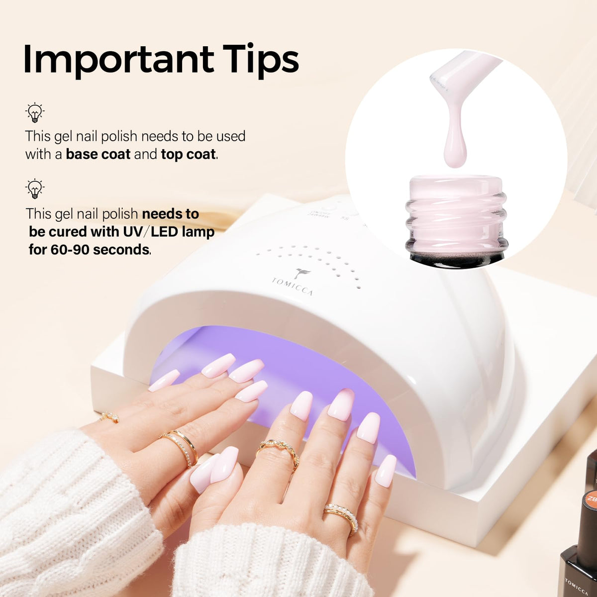 TOMICCA Pink Gel Nail Polish 15ml showing application process