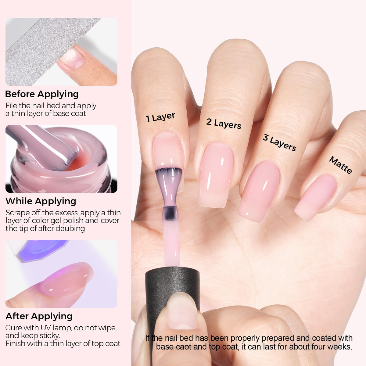 TOMICCA Sheer Pink Gel Nail Polish 15ml application on nails