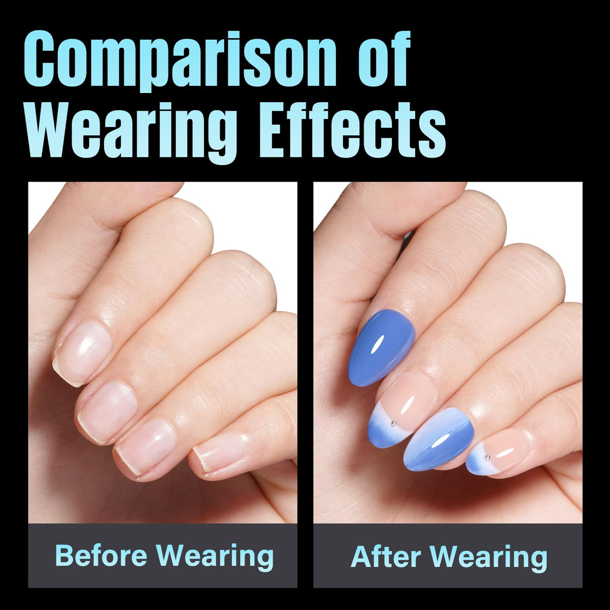 TOMICCA Short Almond Nail Tips arranged by size in a grid