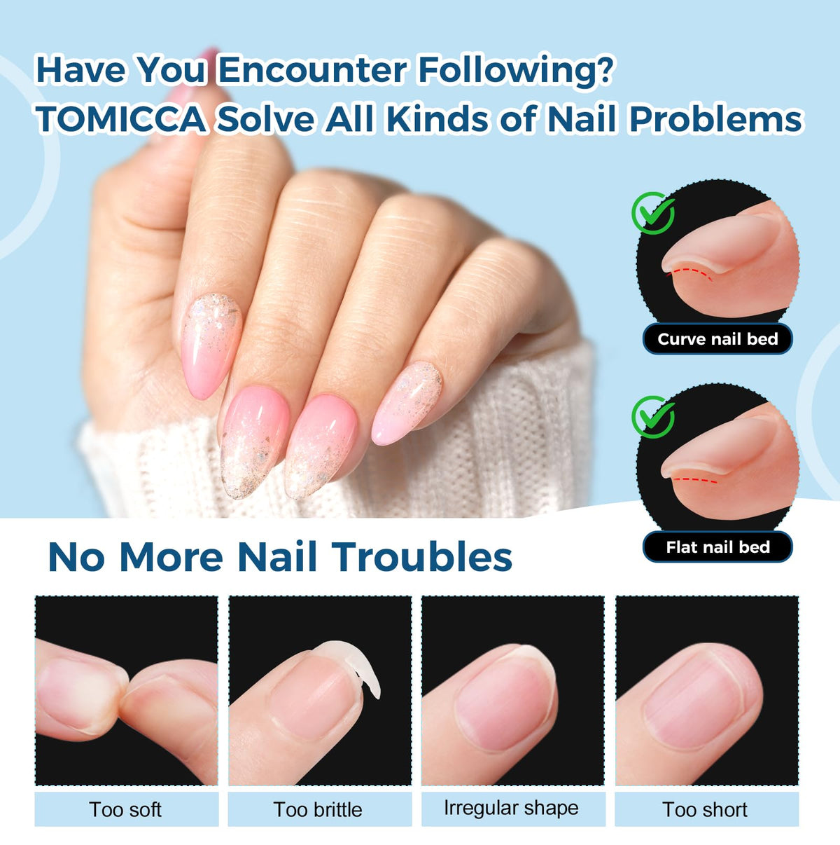 TOMICCA Short Almond Nail Tips in use with gel polish