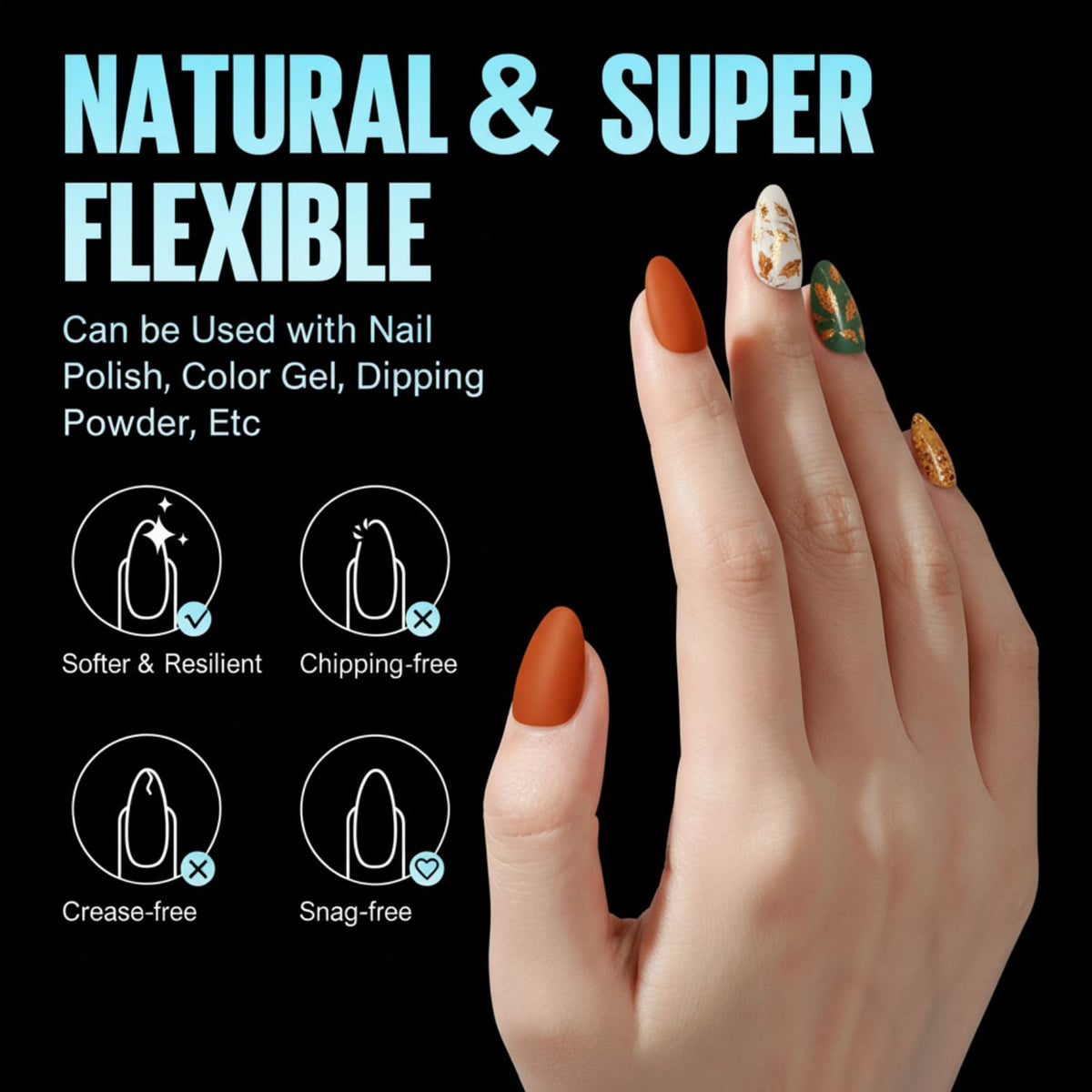TOMICCA Short Almond Nail Tips on a hand for demonstration