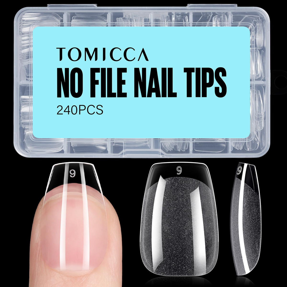 TOMICCA Short Coffin Nail Tips 240Pcs half matte clear front view
