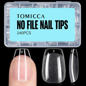 TOMICCA Short Coffin Nail Tips 240Pcs half matte clear front view