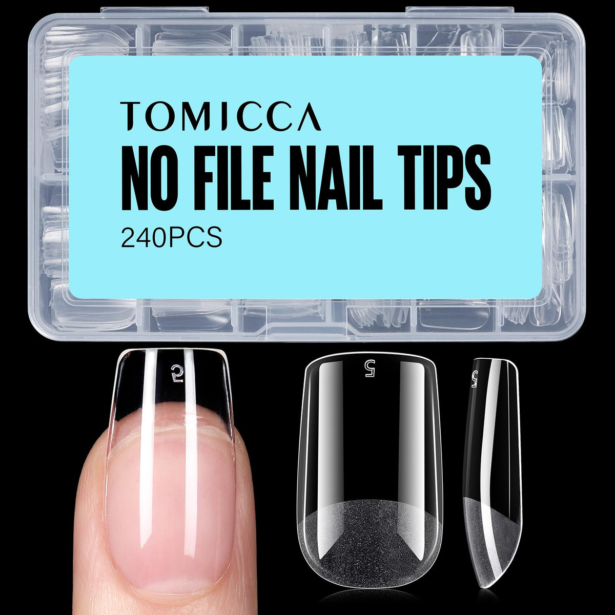 TOMICCA Short Square Nail Tips 240Pcs half matte design front view