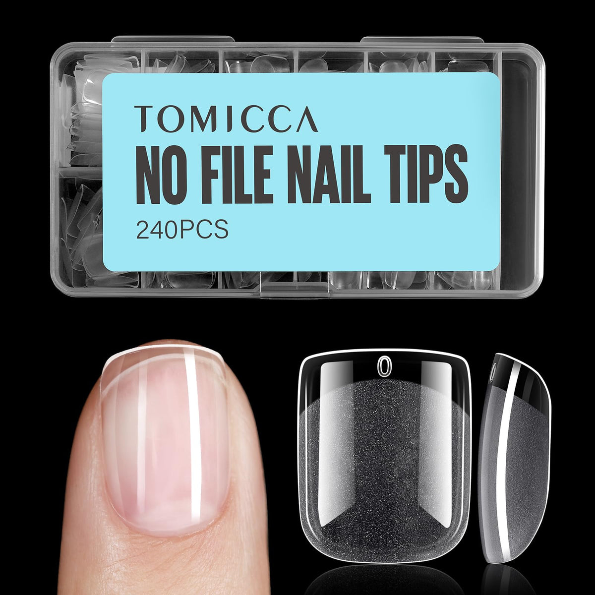 TOMICCA Short Square Nail Tips 240Pcs half matte design front view