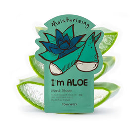 TONYMOLY Aloe Sheet Mask in use on a model's face