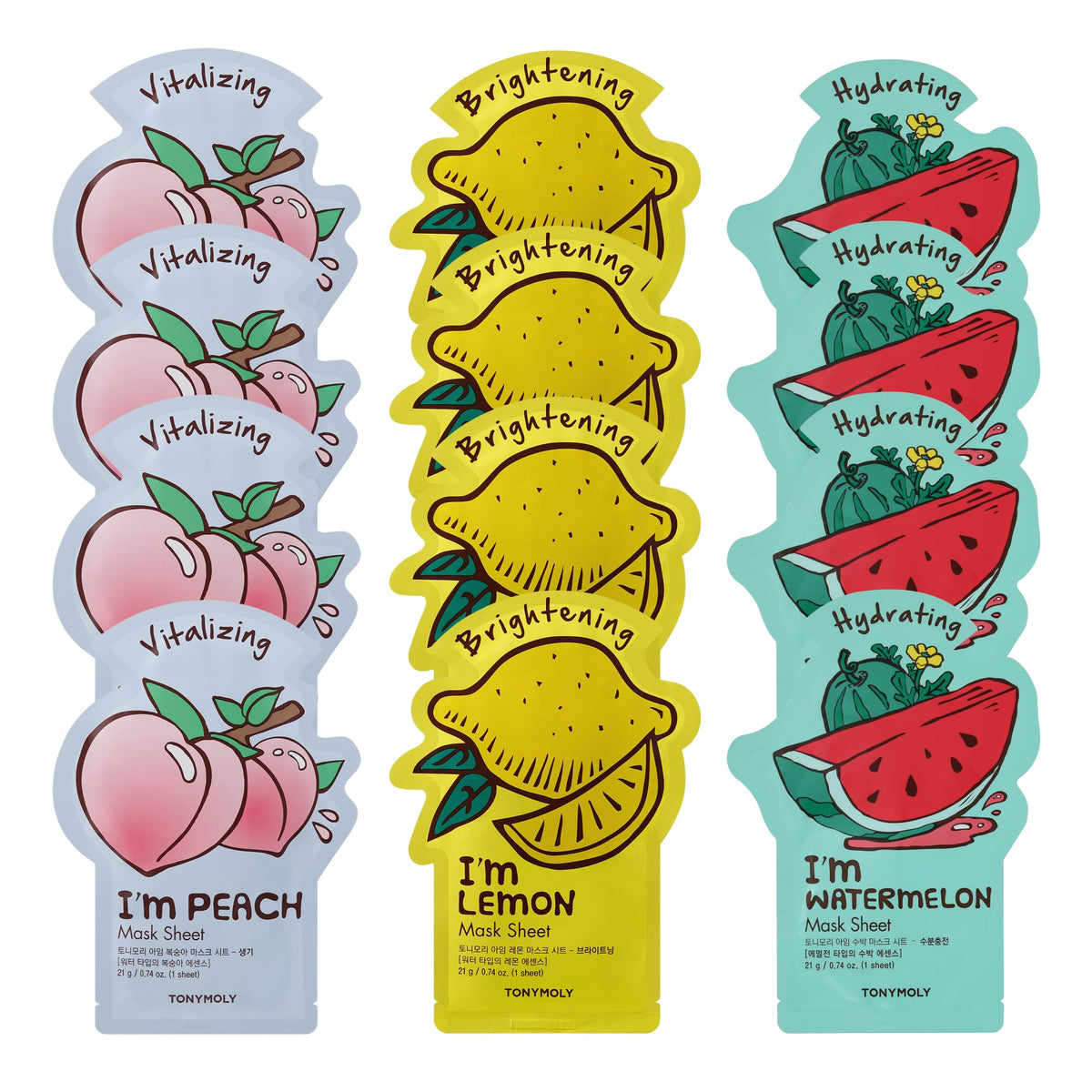 TONYMOLY Bright & Juicy 12-Pack Masks front view with assorted fruit designs