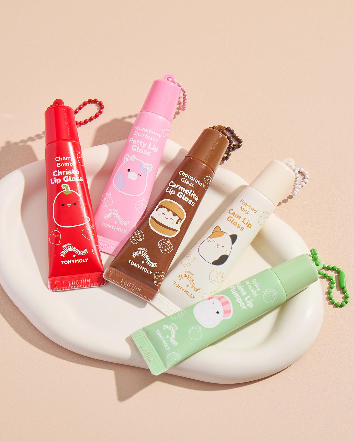 TONYMOLY Cam Lip Gloss Keychain showing glossy finish on lips