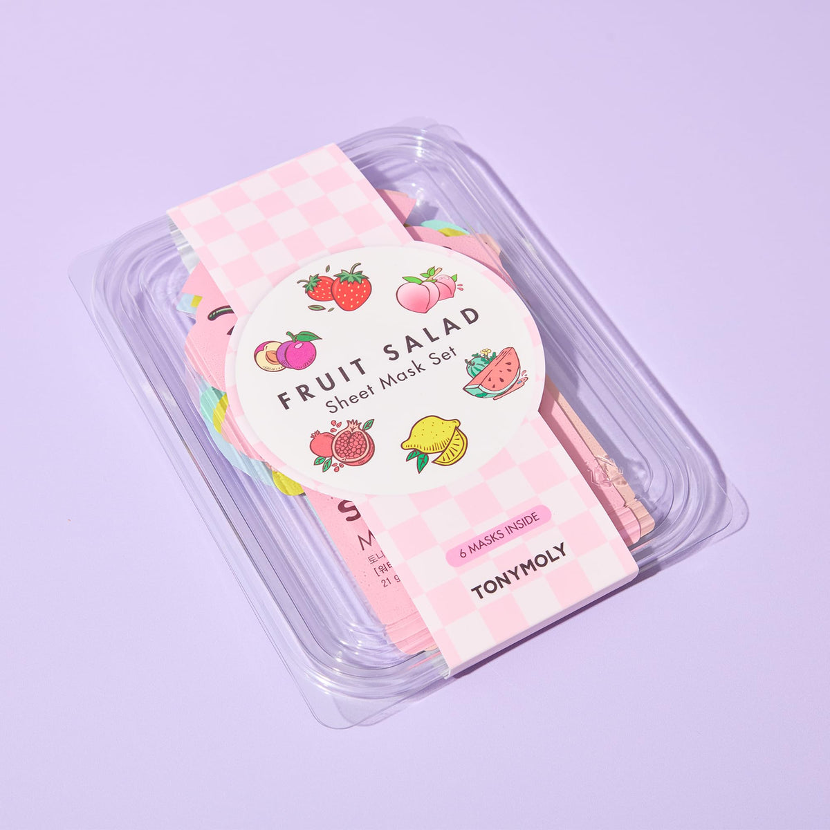 TONYMOLY Fruit Salad Sheet Mask set displayed on a table