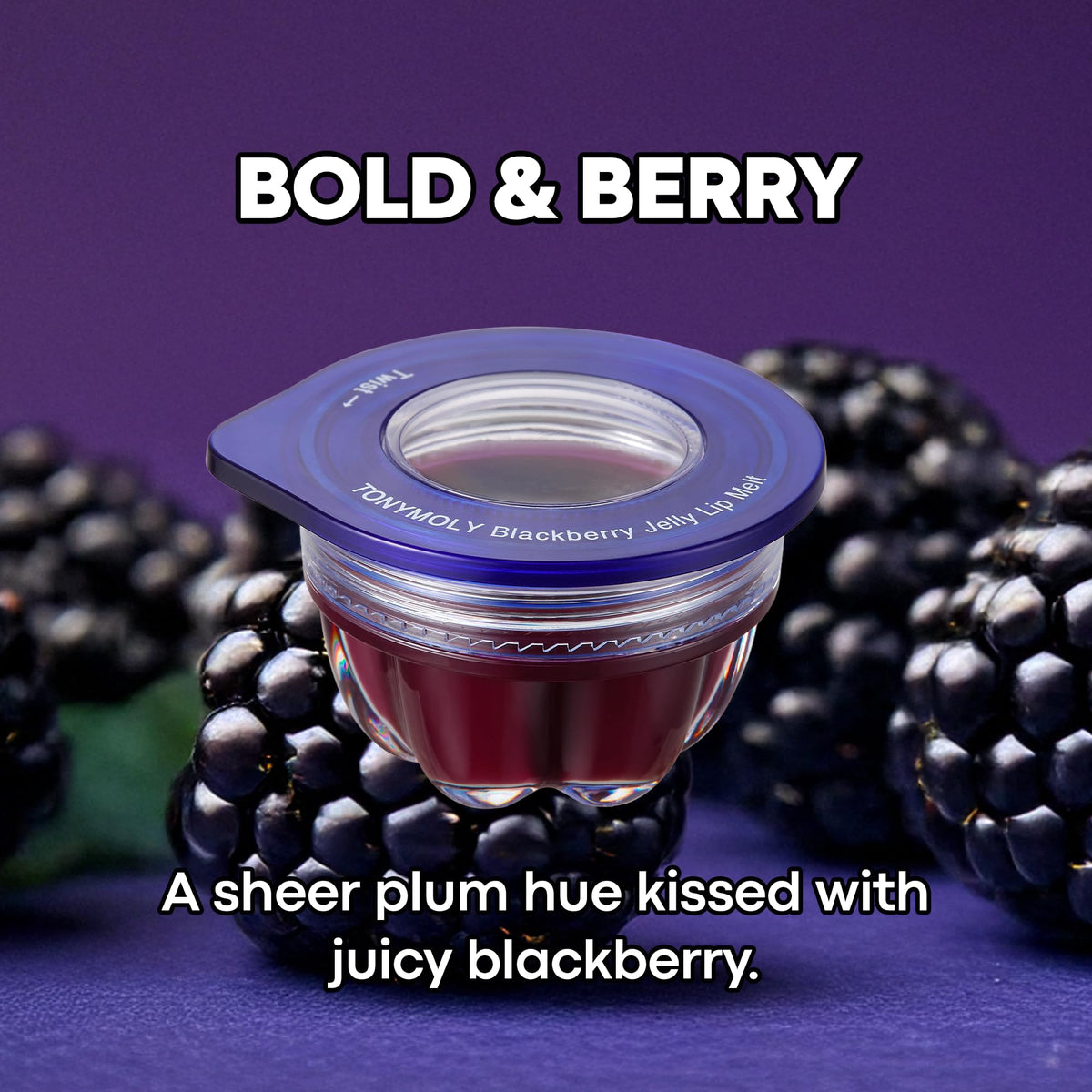 TONYMOLY Jelly Lip Melt Blackberry applied on lips
