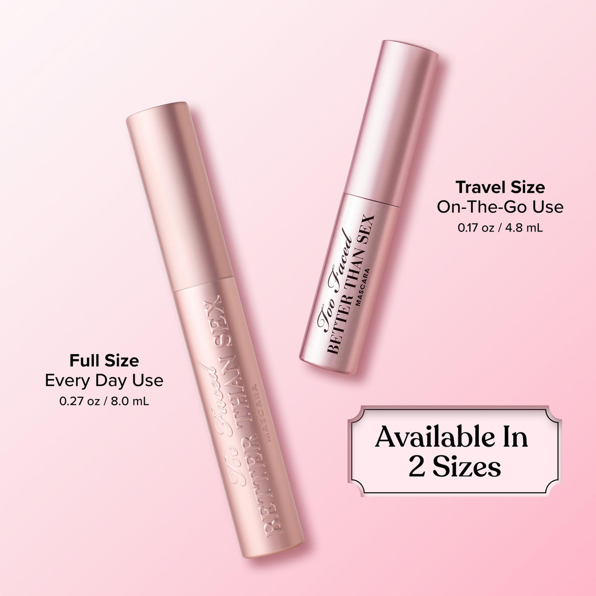 Too Faced Better Than Sex Mascara on a vanity table