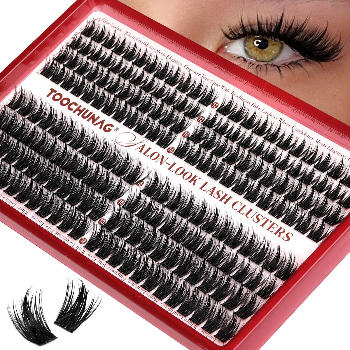 TOOCHUNAG lash clusters displayed on a vanity
