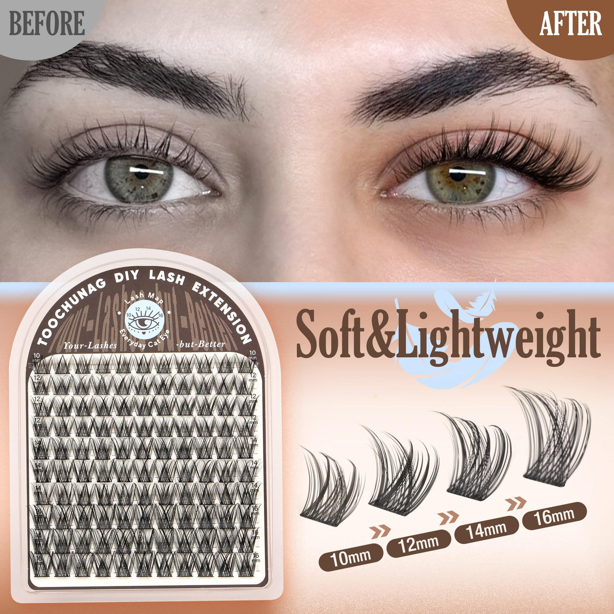 TOOCHUNAG Lash Clusters in various lengths displayed together