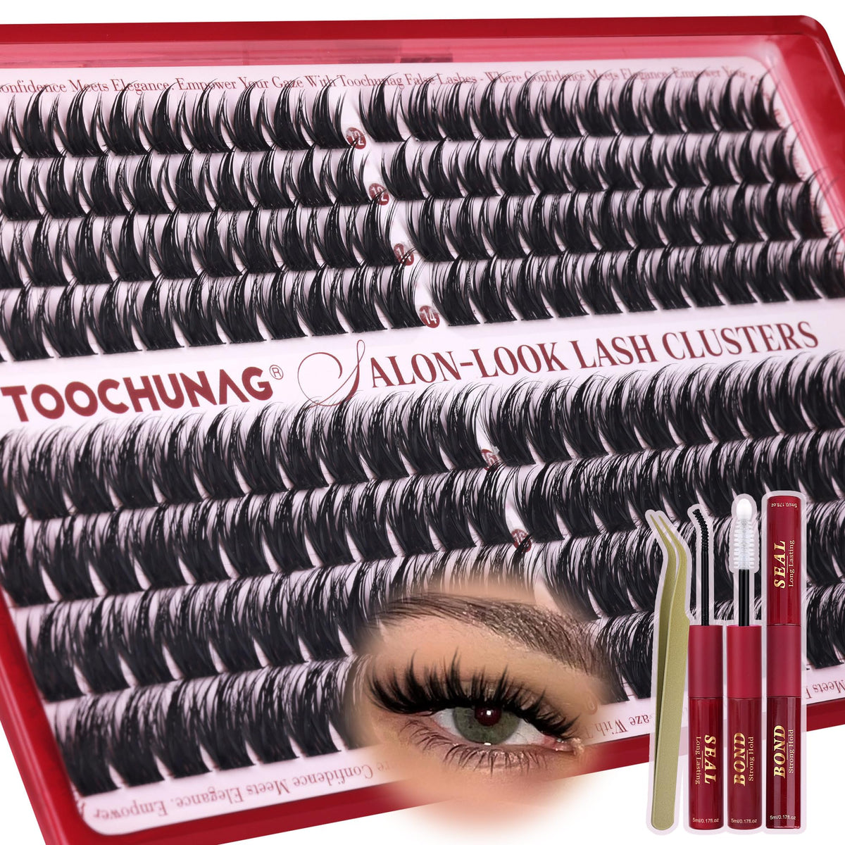TOOCHUNAG Lash Clusters Kit 192pcs front view with lashes and tools