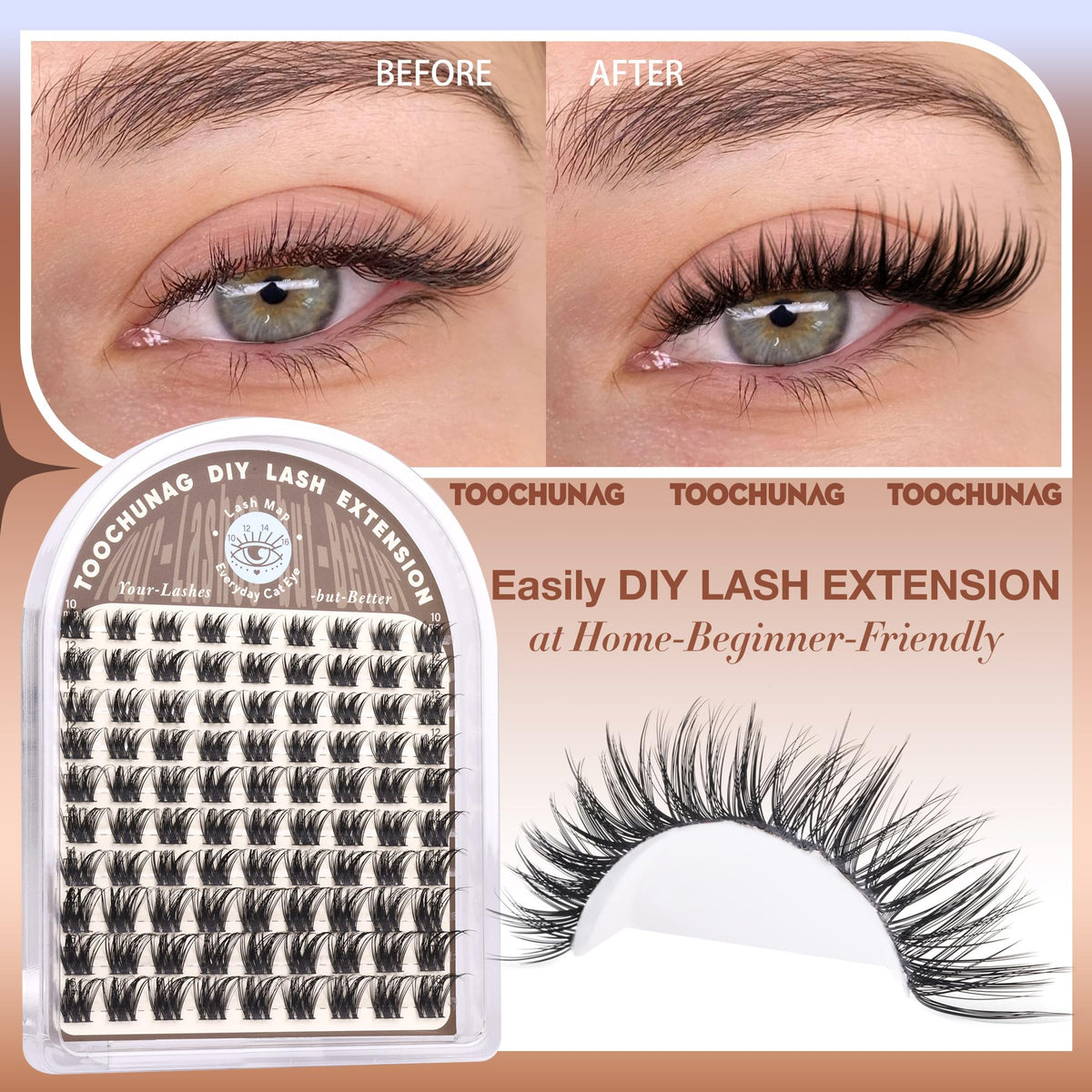 TOOCHUNAG Wispy Lash Clusters D Curl close-up of lashes