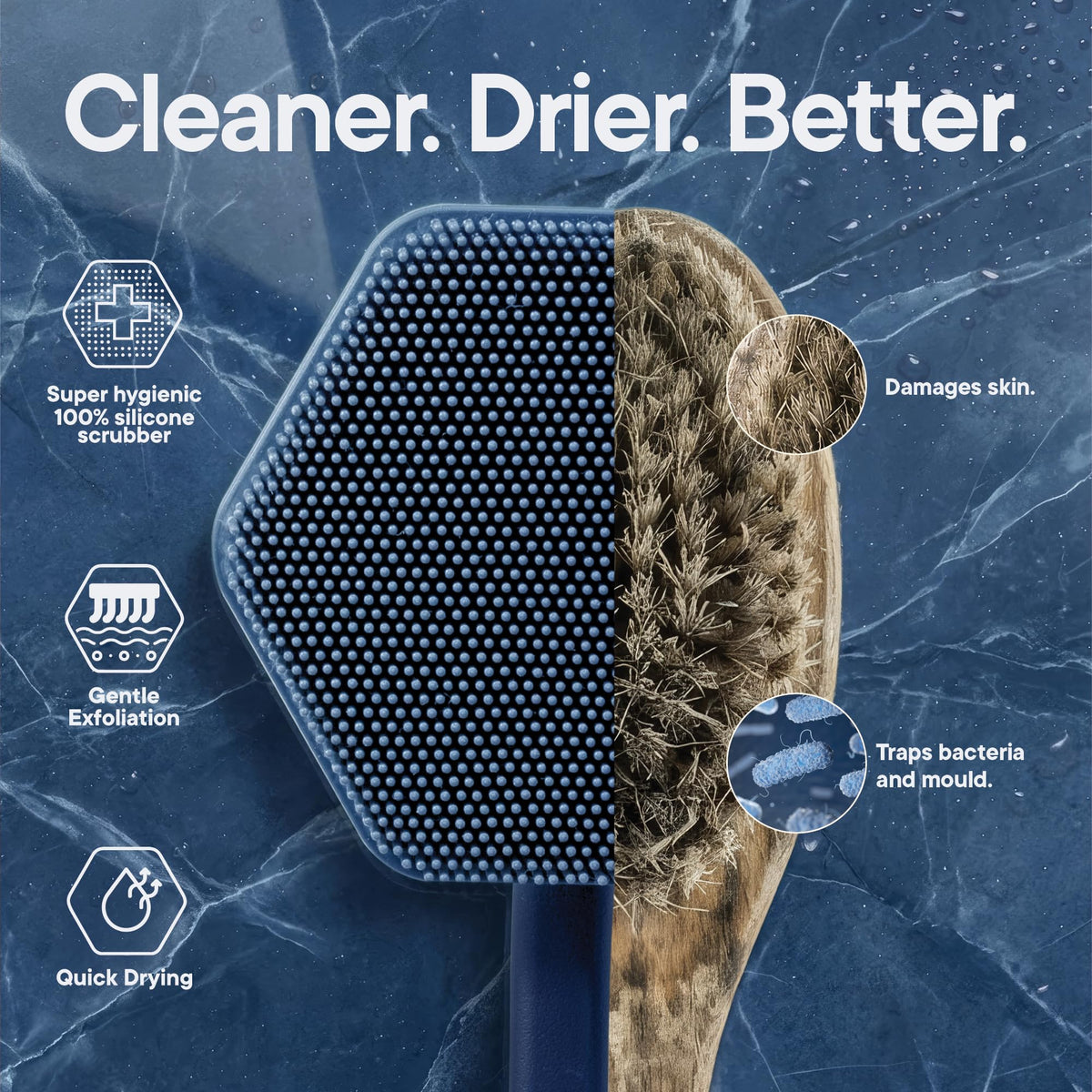 TOOLETRIES Silicone Back Scrubber Glacier in shower setting