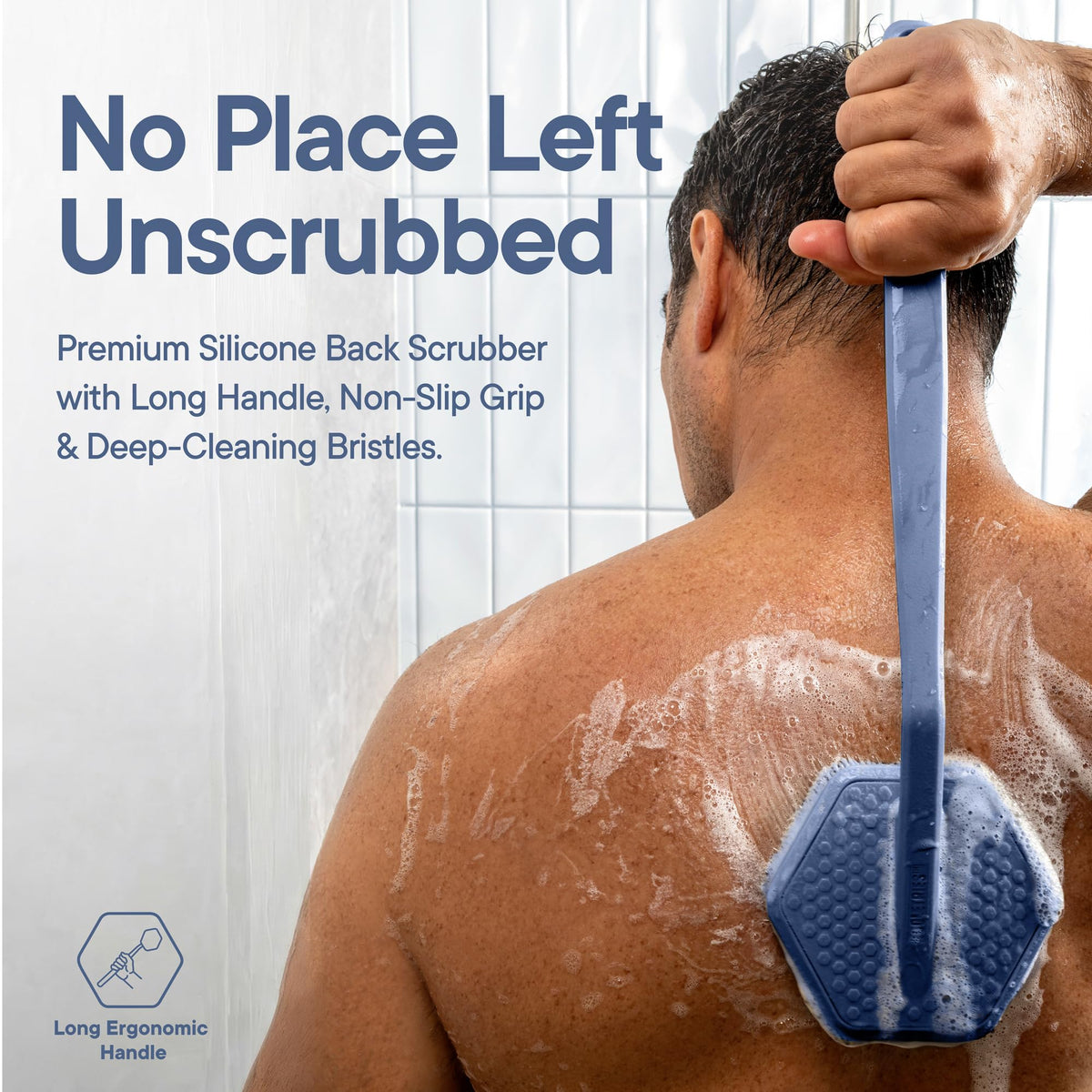 TOOLETRIES Silicone Back Scrubber Glacier showing ergonomic handle