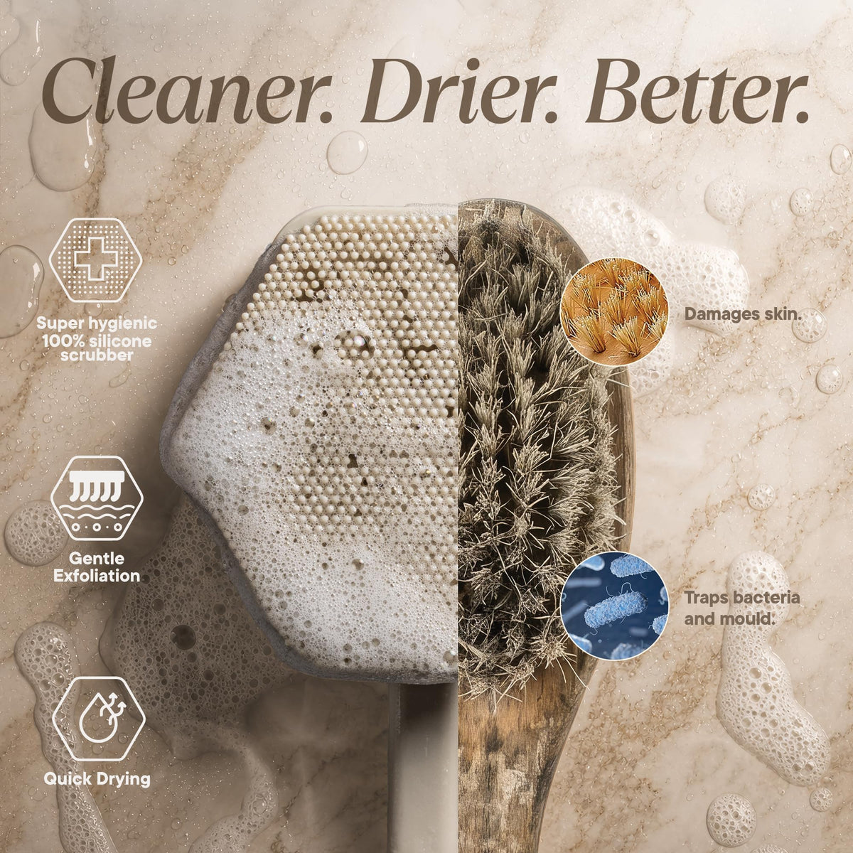 TOOLETRIES Silicone Back Scrubber in use during a shower