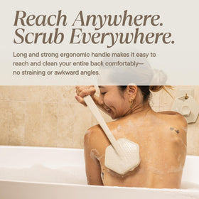 TOOLETRIES Silicone Back Scrubber on a bathroom shelf