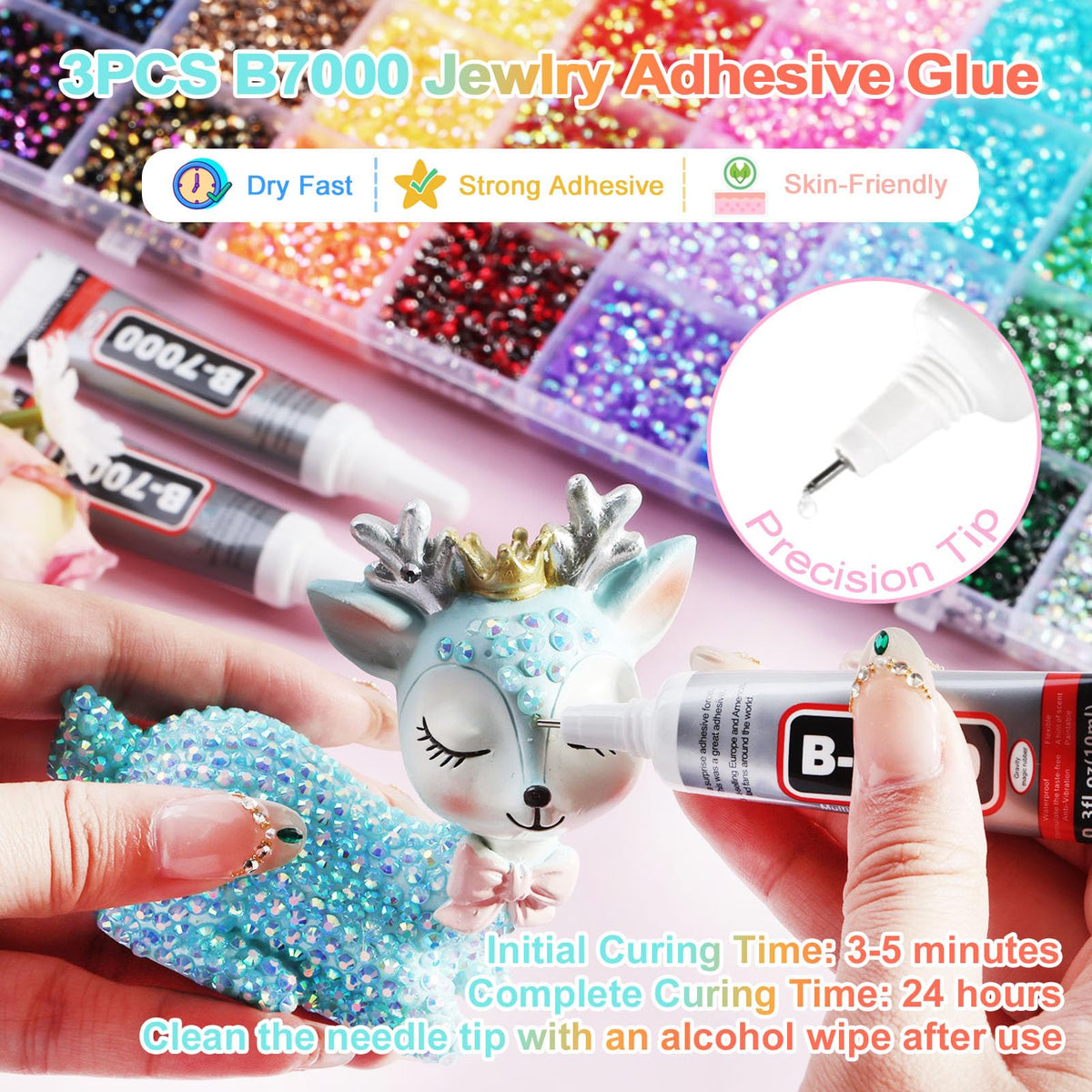 Tools included in ELEEGEM Bedazzling Kit, including glue and tweezers