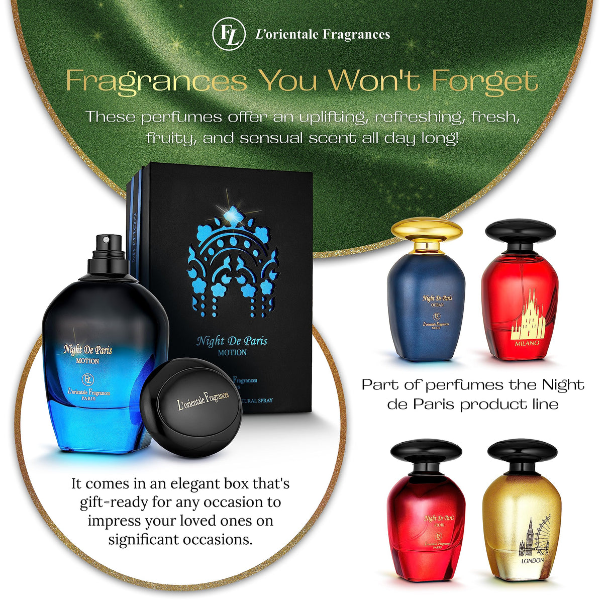 Top view of LOrientale Fragrances Night De Paris bottle