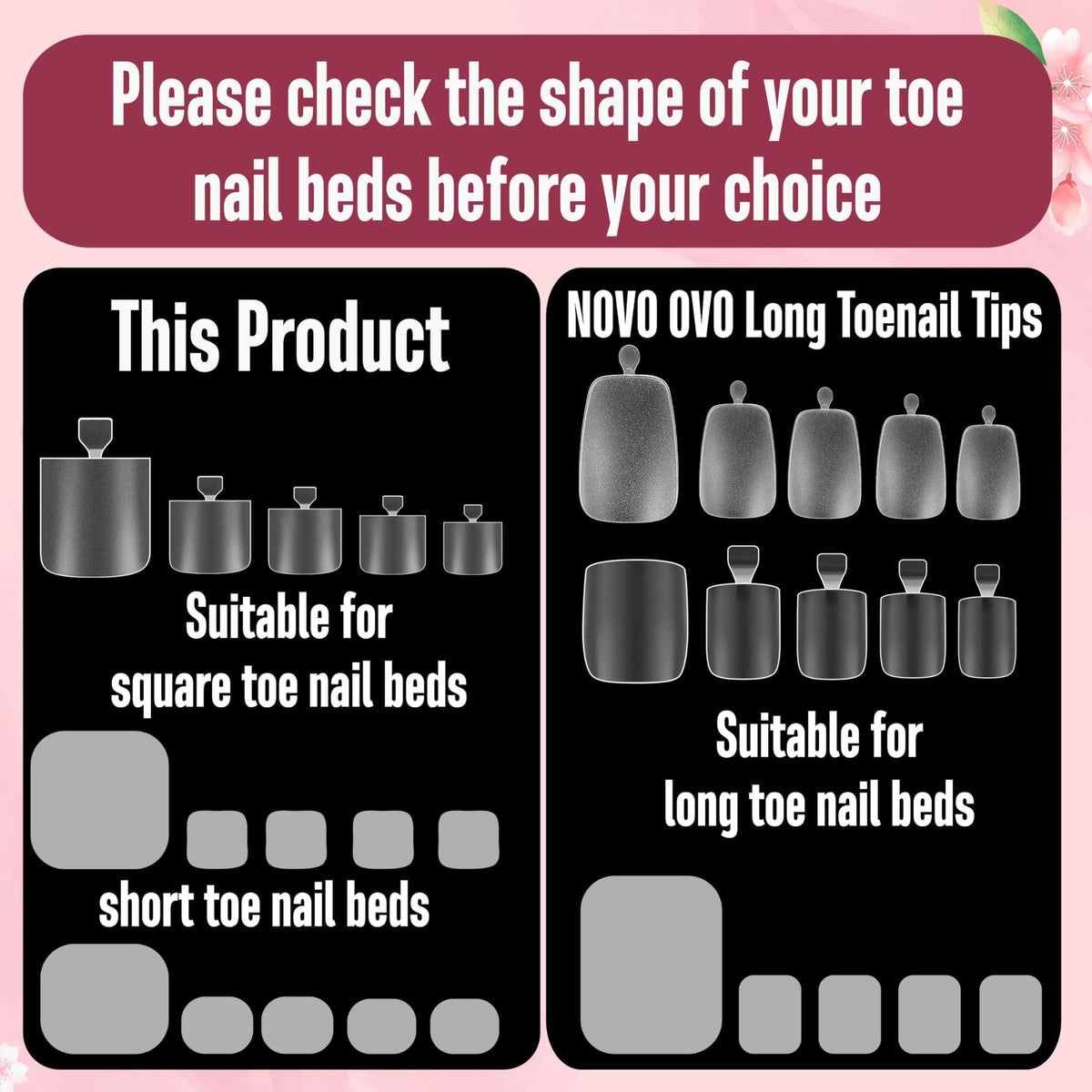 Top view of NOVO OVO Sharp Square Toe Nail Tips in a variety of sizes